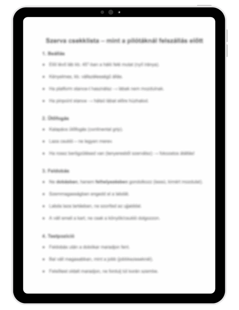 A képen az adogatás csekklista látható egy elhomályosított verzióban, egy tablet képén szerepeltetve.